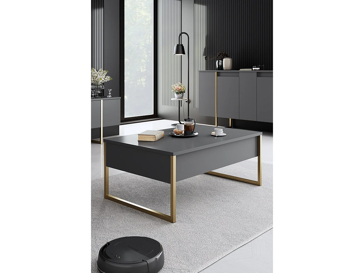 Ensemble meuble de salon 3 pièces Sibylle Métal Or et Bois Anthracite