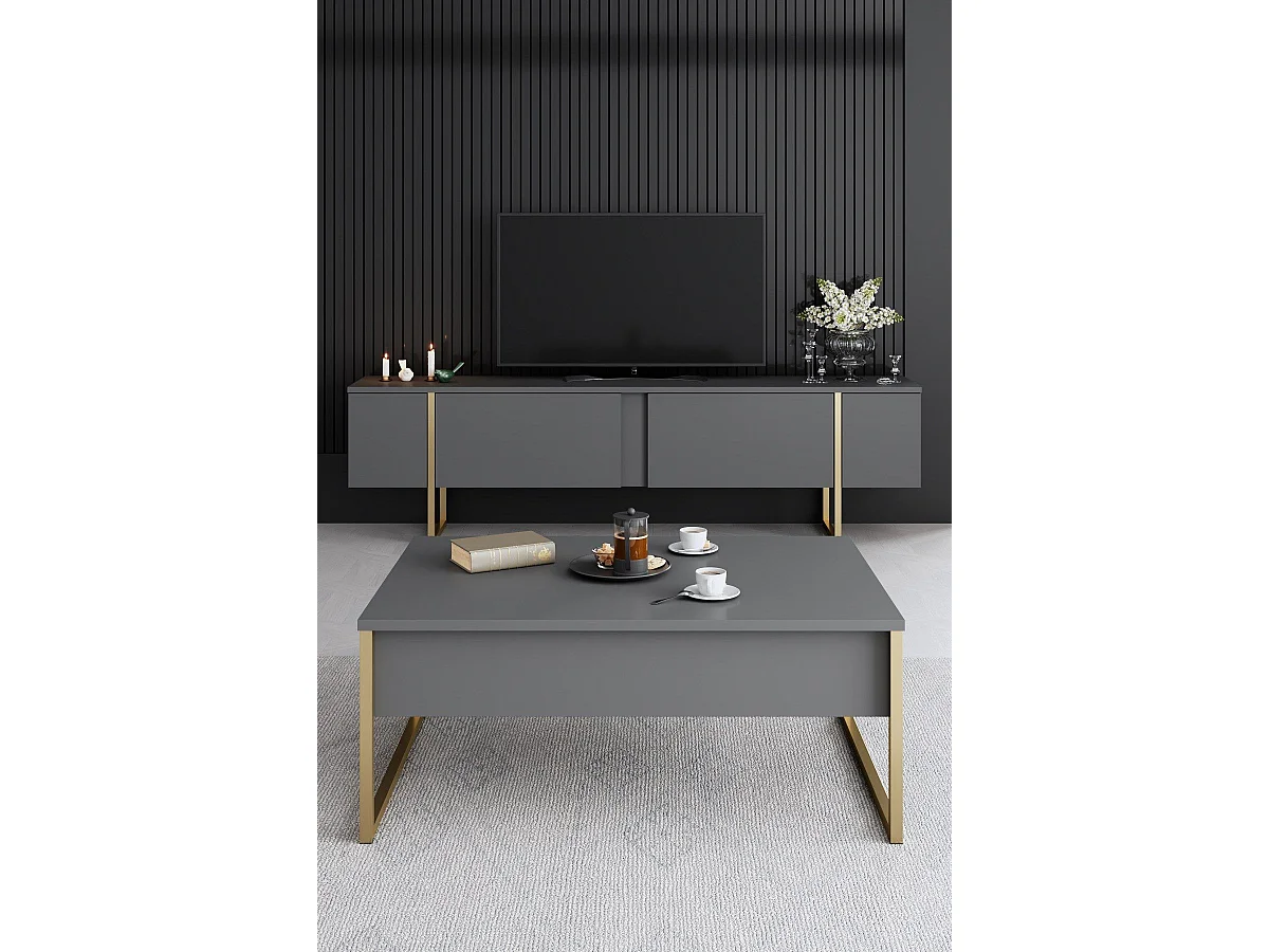 Ensemble meuble de salon 3 pièces Sibylle Métal Or et Bois Anthracite