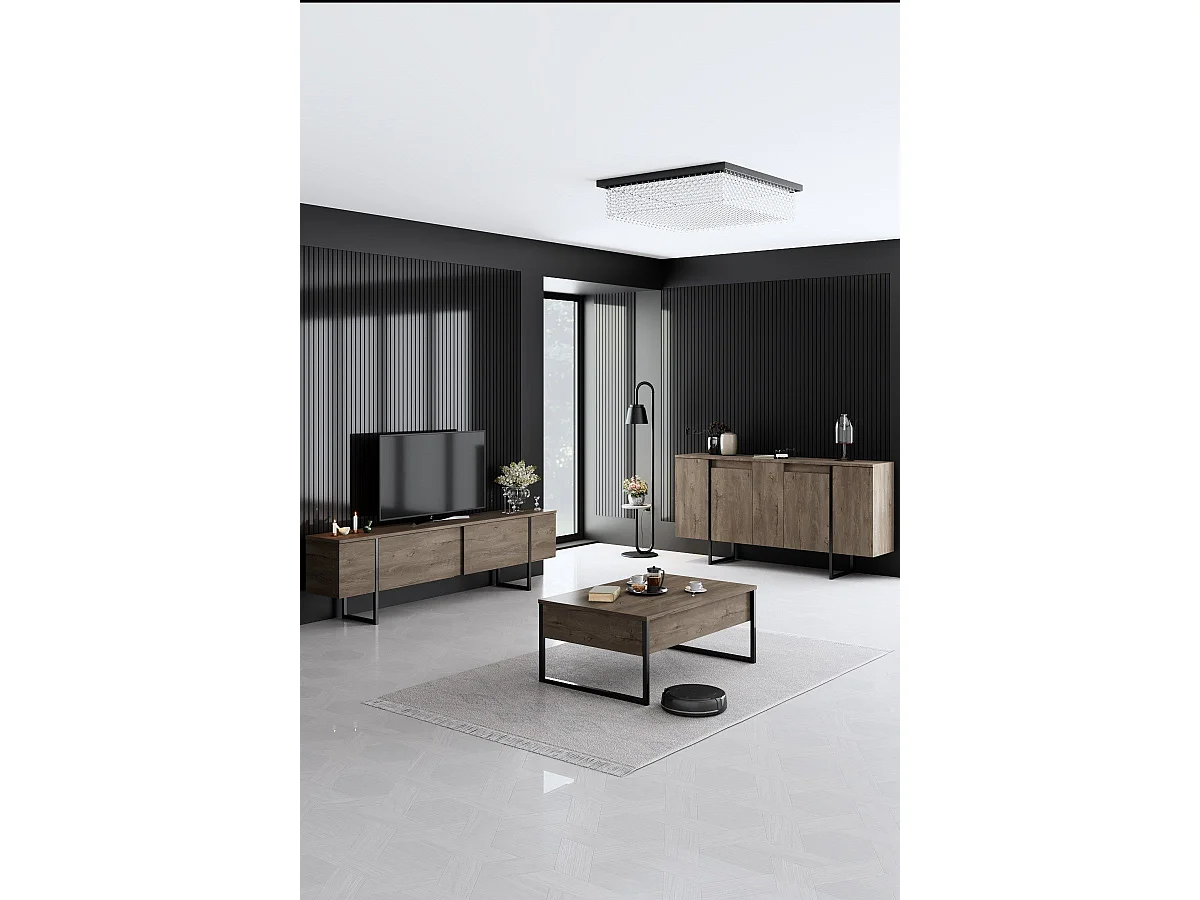 Ensemble meuble de salon 3 pièces Sibylle Métal Noir et Bois foncé