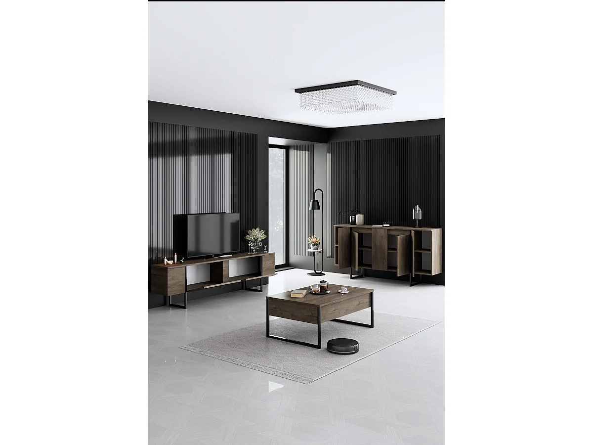 Ensemble meuble de salon 3 pièces Sibylle Métal Noir et Bois foncé