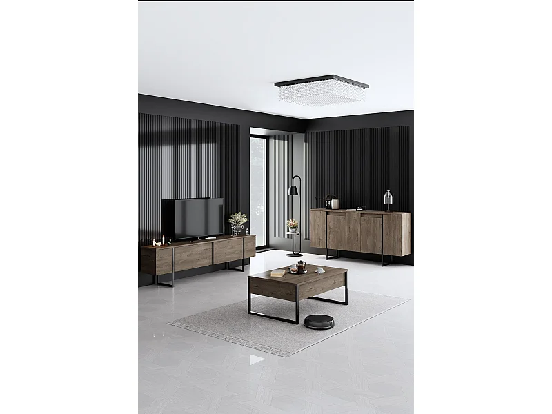 Ensemble meuble de salon 3 pièces Sibylle Métal Noir et Bois foncé