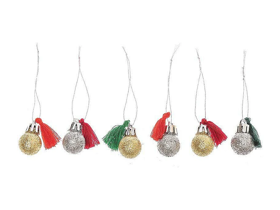 6 mini kerstballen met rode en groene glitters en pompons