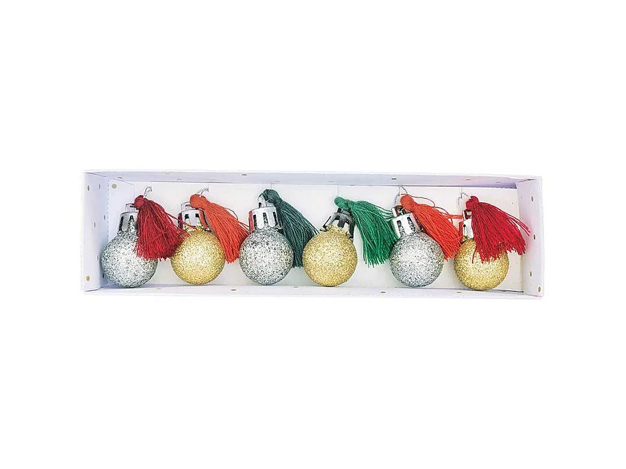 6 mini boules de Noël à paillettes et pompons rouge et vert