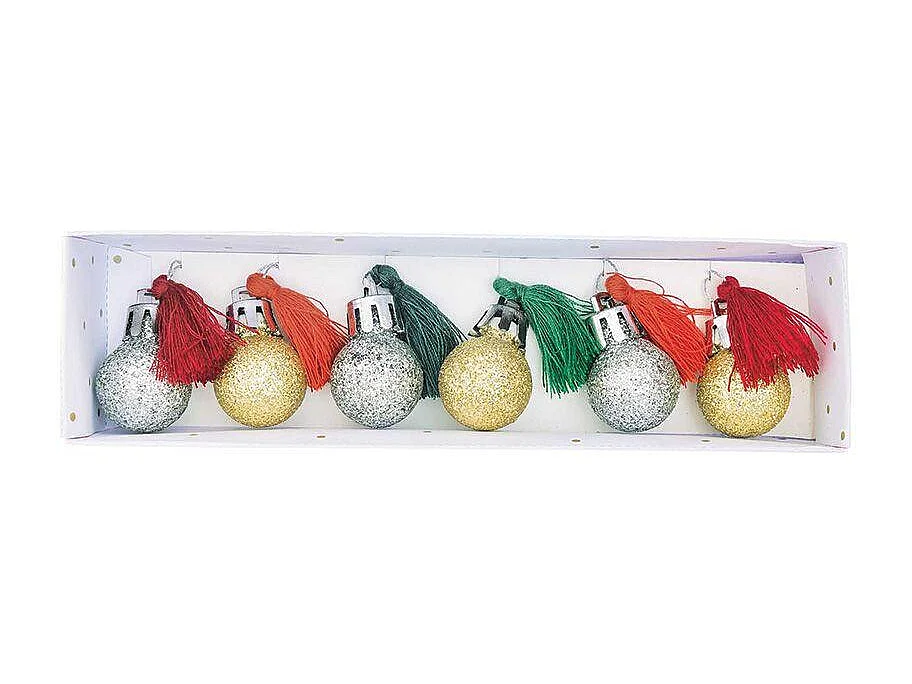 6 mini boules de Noël à paillettes et pompons rouge et vert