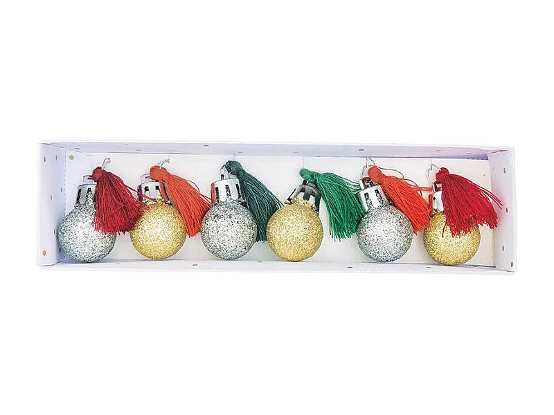 6 mini boules de Noël à paillettes et pompons rouge et vert
