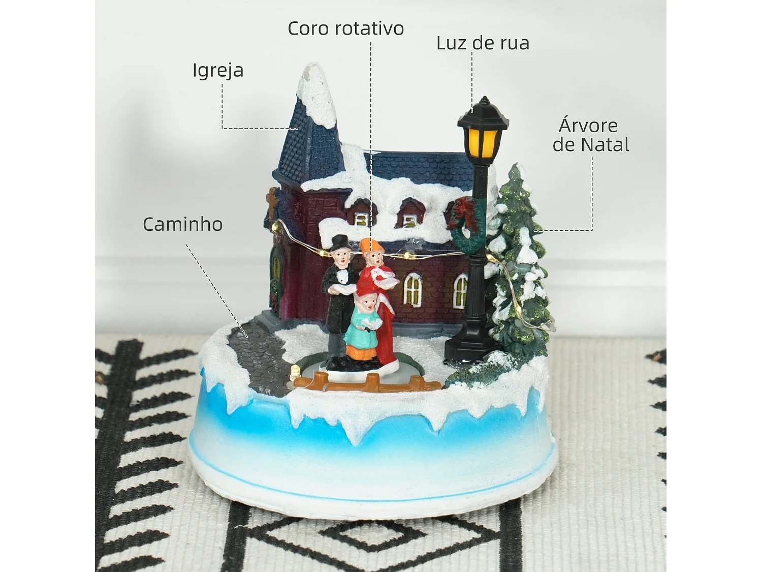 Decoração de Natal HOMCOM com Luzes LED e Música - Igreja Neve e Coro Giratório Multicolorido