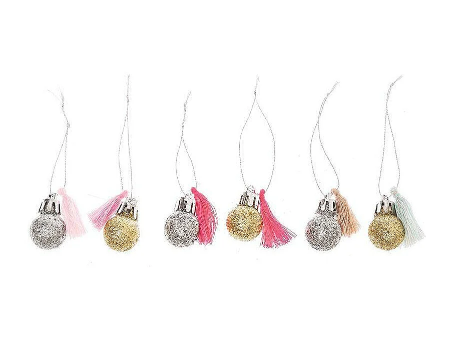 6 mini kerstballen met glitter en neon & pastel pompons
