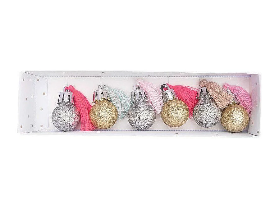 6 mini boules de Noël à paillettes et pompons fluo & pastel
