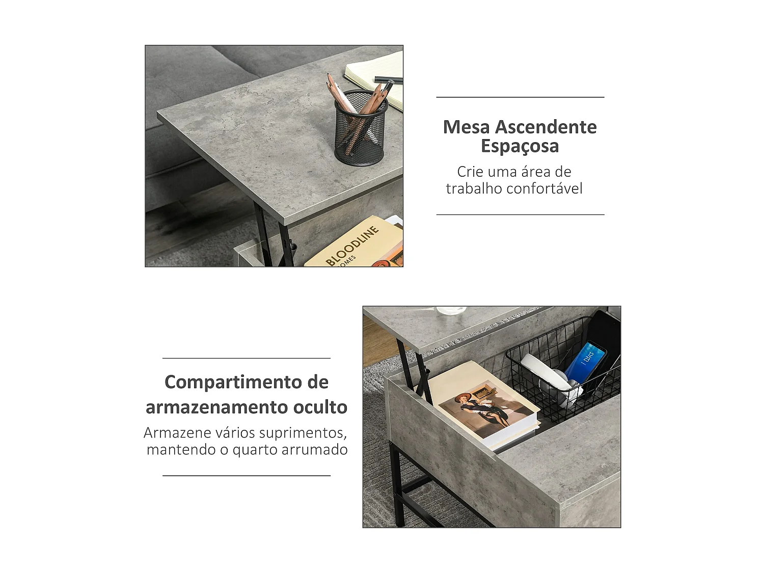 Mesa de centro elevable Arca Homcom con compartimento interior gris 45,5x90x60,5 cm