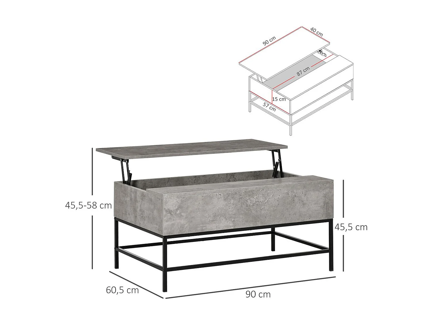 Mesa de centro elevable Arca Homcom con compartimento interior gris 45,5x90x60,5 cm