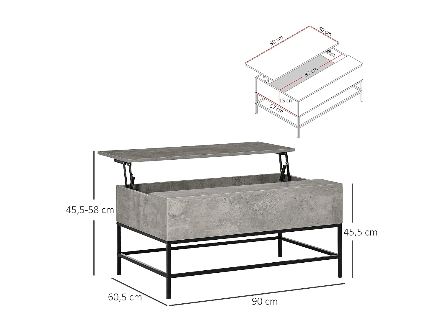 Mesa de Centro Elevável Arvik com Armazenamento Oculto e Pés Metálicos em Cinzento e Preto