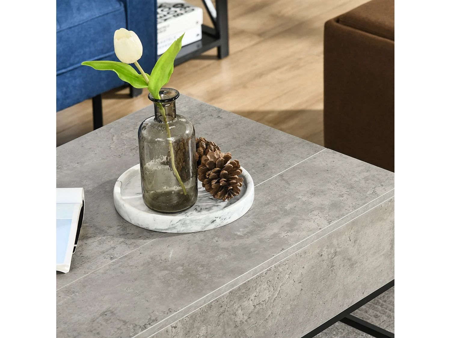 Mesa de Centro Elevável Arvik com Armazenamento Oculto e Pés Metálicos em Cinzento e Preto