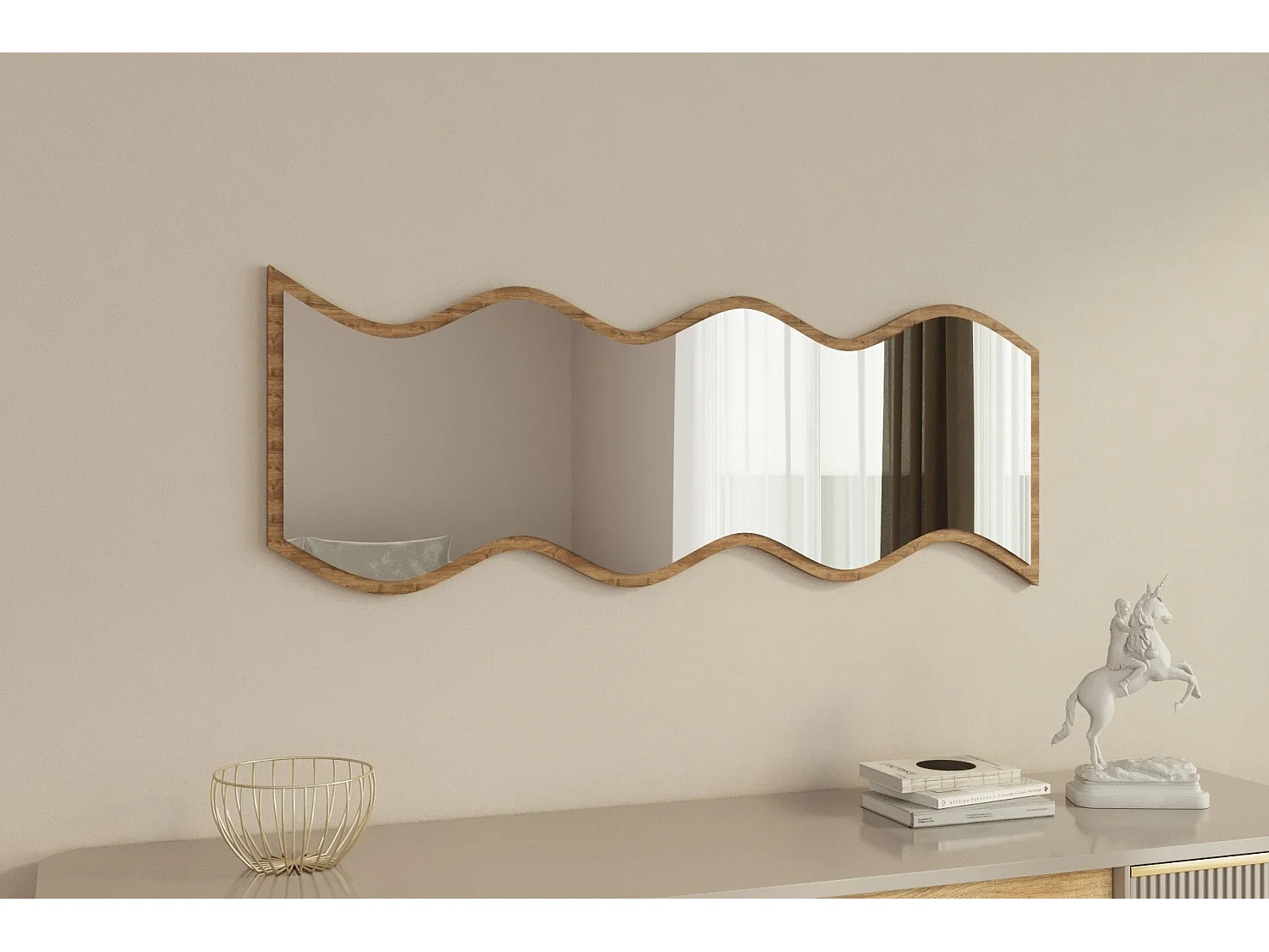 Espelho "Safi" - 40 x 120 x 2,2 cm - Branco e Nogueira  - Design Moderno