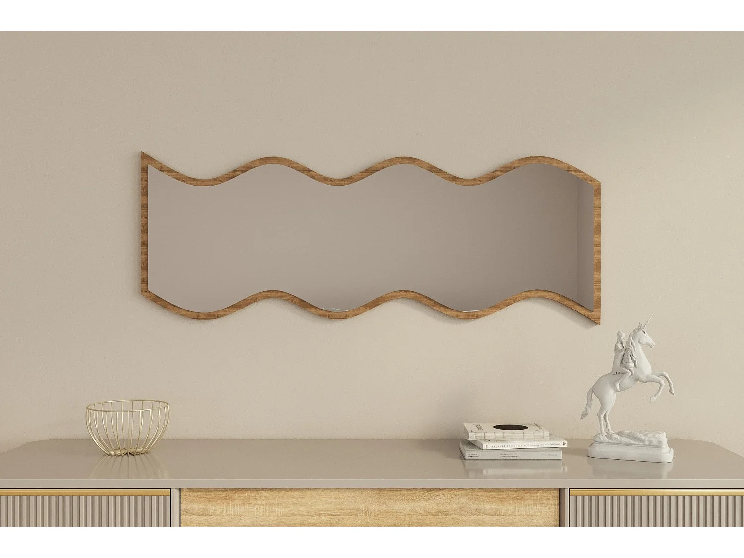 Espelho "Safi" - 40 x 120 x 2,2 cm - Branco e Nogueira  - Design Moderno