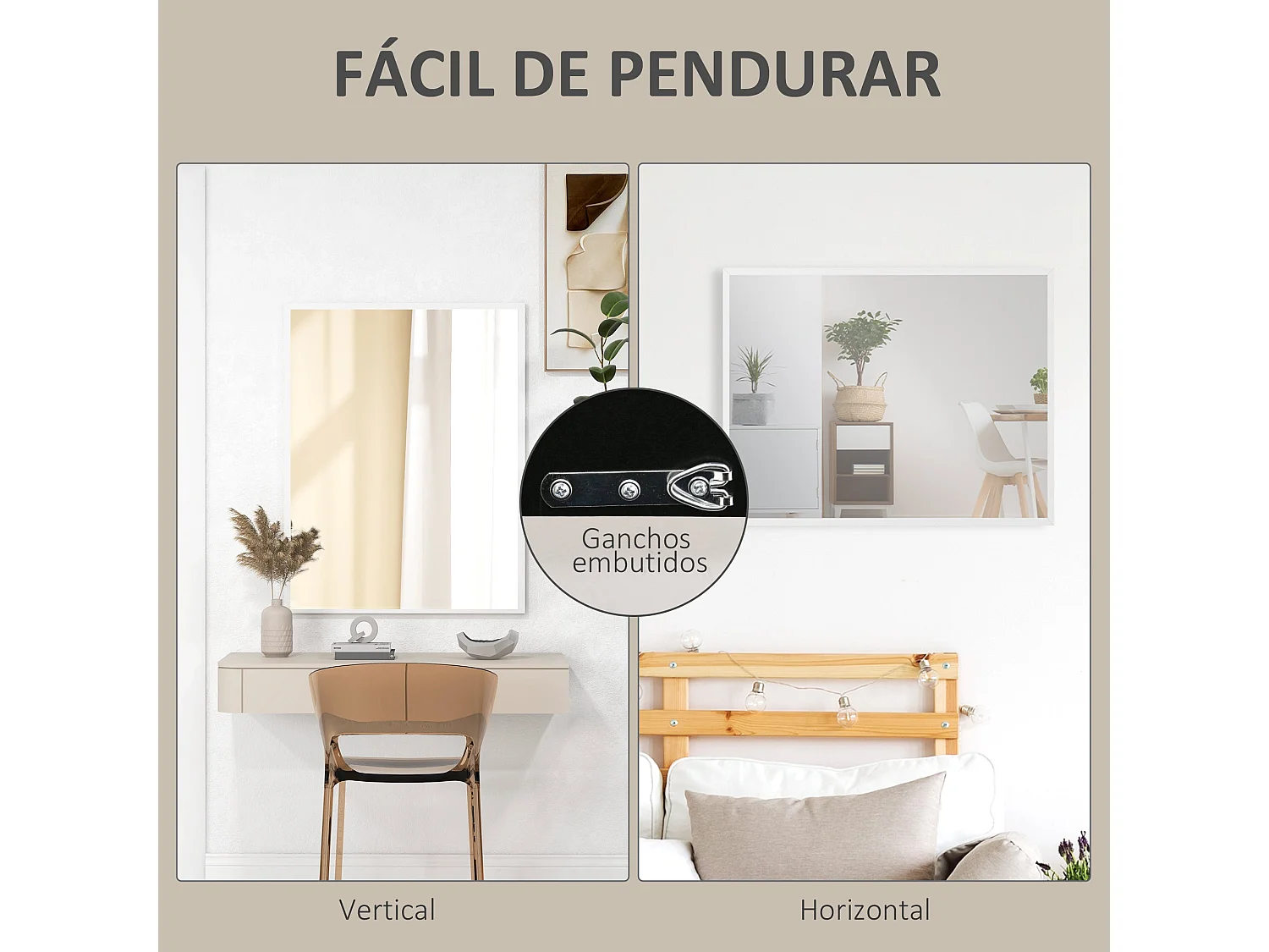 HOMCOM Espelho de Parede Decorativo 70x90 cm Espelho Retangular Espelho de Casa de Banho com 4 Ganchos Metálicos Estilo Moderno para Sala Quarto Entrada Branco