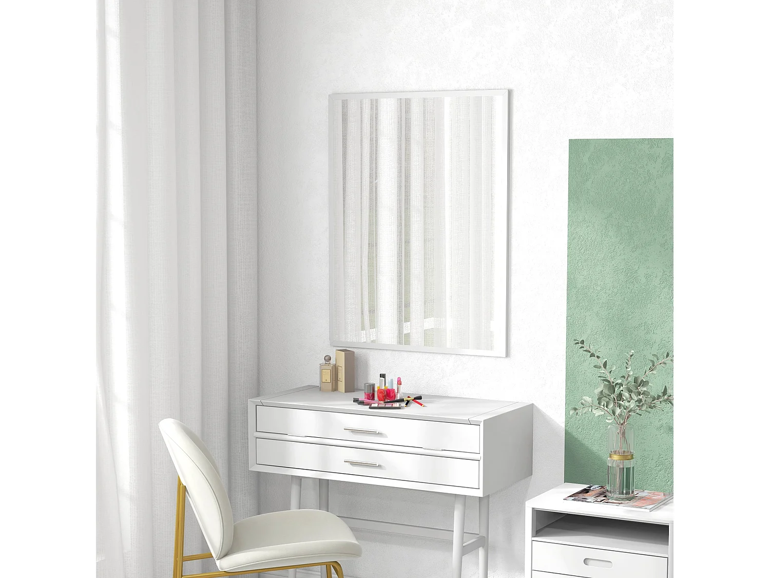 HOMCOM Espelho de Parede Decorativo 70x90 cm Espelho Retangular Espelho de Casa de Banho com 4 Ganchos Metálicos Estilo Moderno para Sala Quarto Entrada Branco