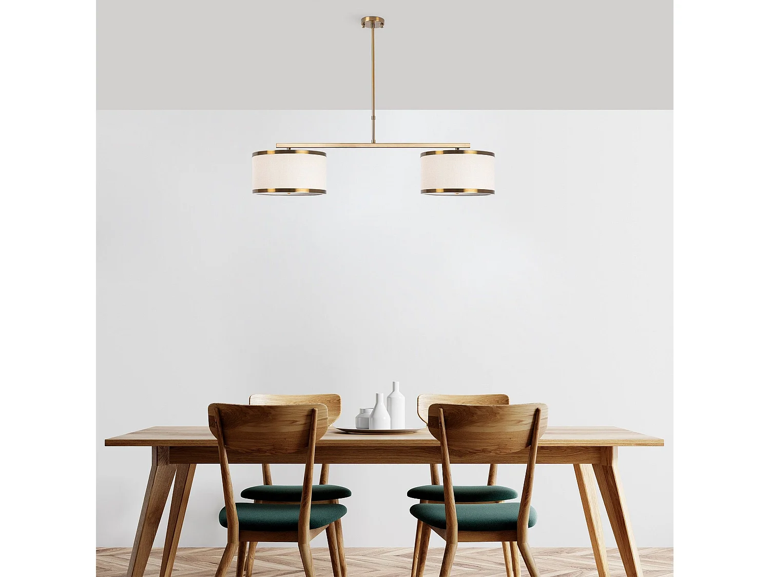 Suspension 2 abat-jour D30cm Renna 100cm Métal Blanc et Or