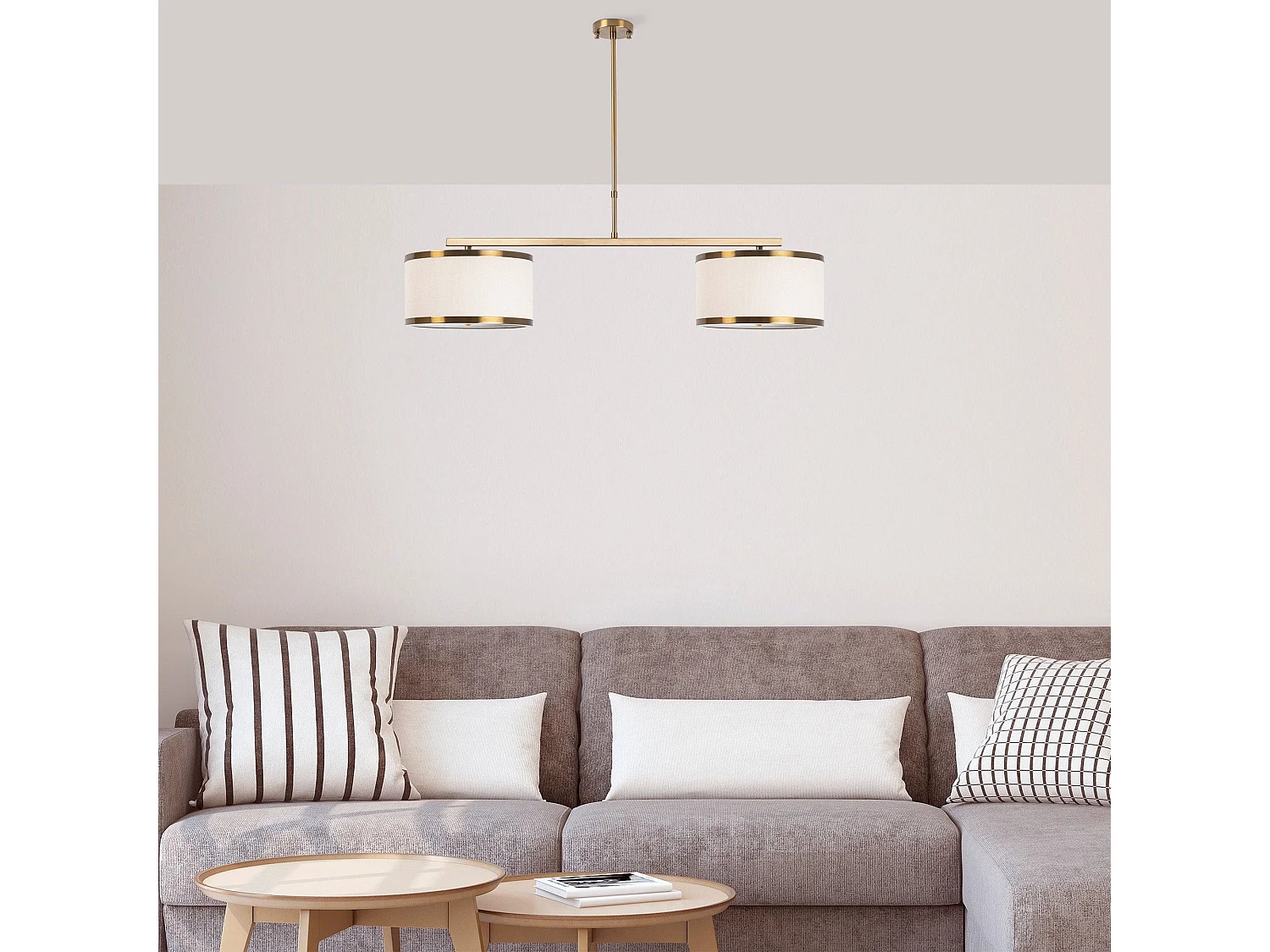 Suspension 2 abat-jour D30cm Renna 100cm Métal Blanc et Or