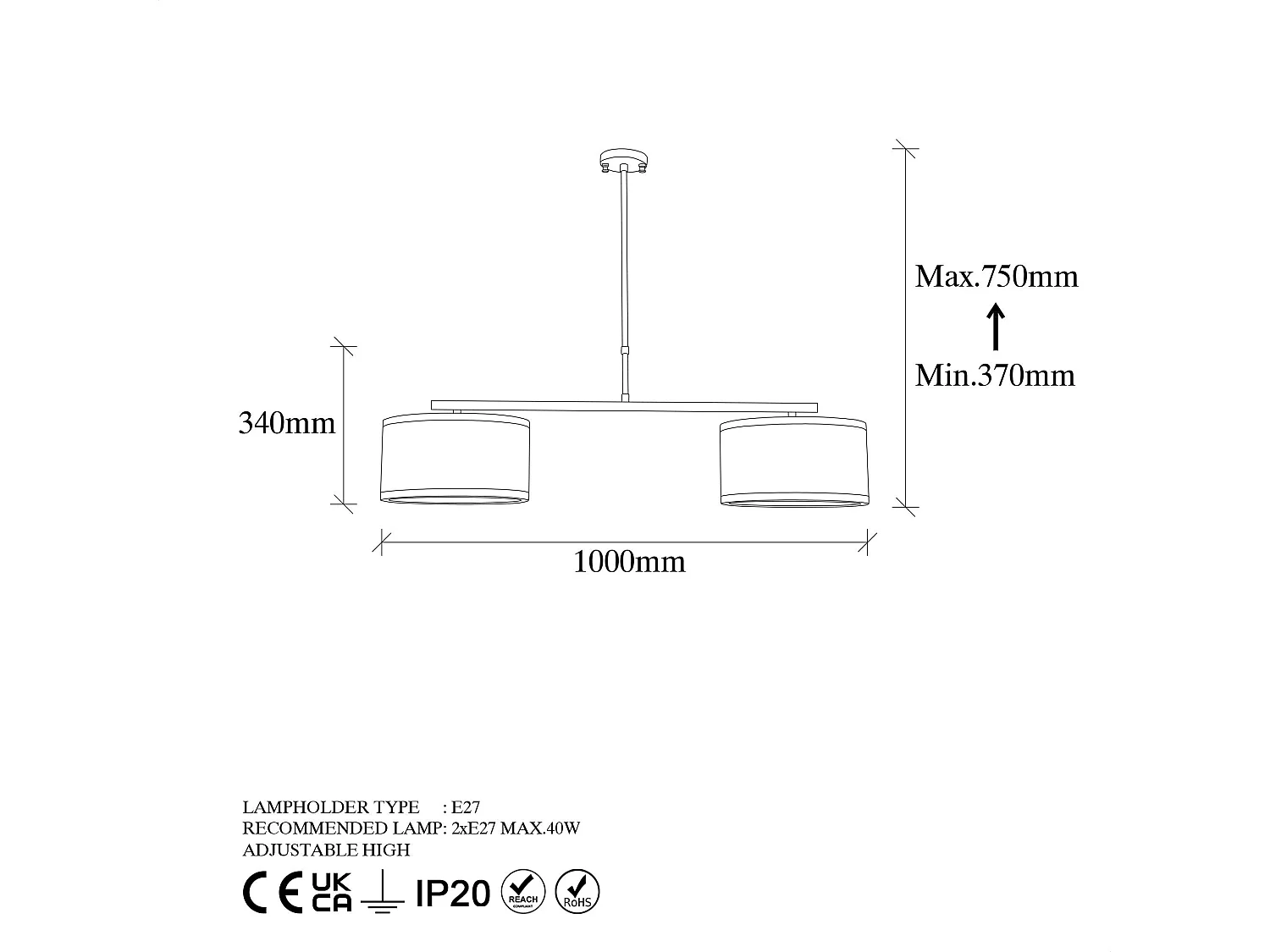 Suspension 2 abat-jour D30cm Renna 100cm Métal Blanc et Or