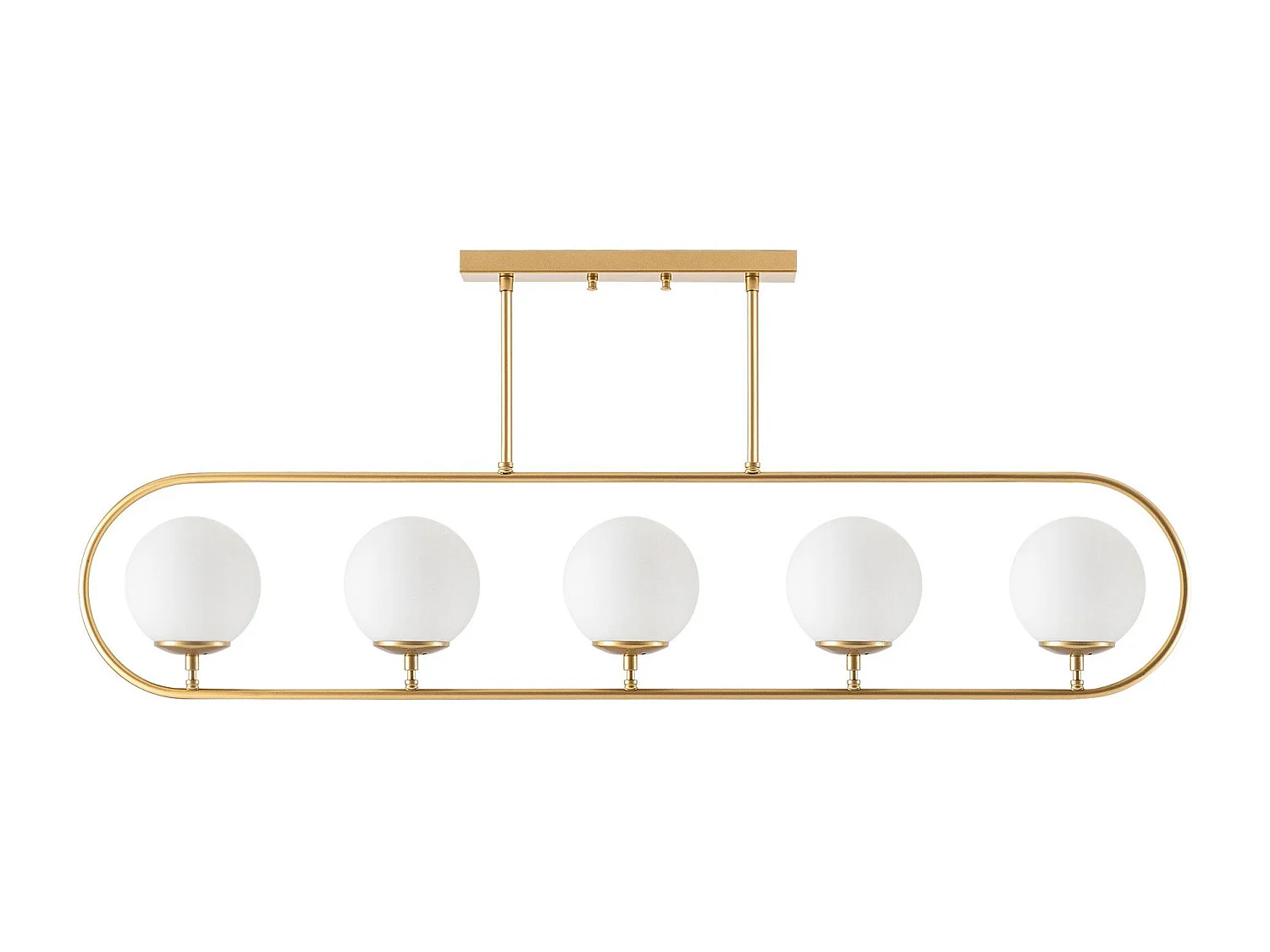 Suspension 5 lampes Vocrana 122cm Verre Blanc et Métal Or