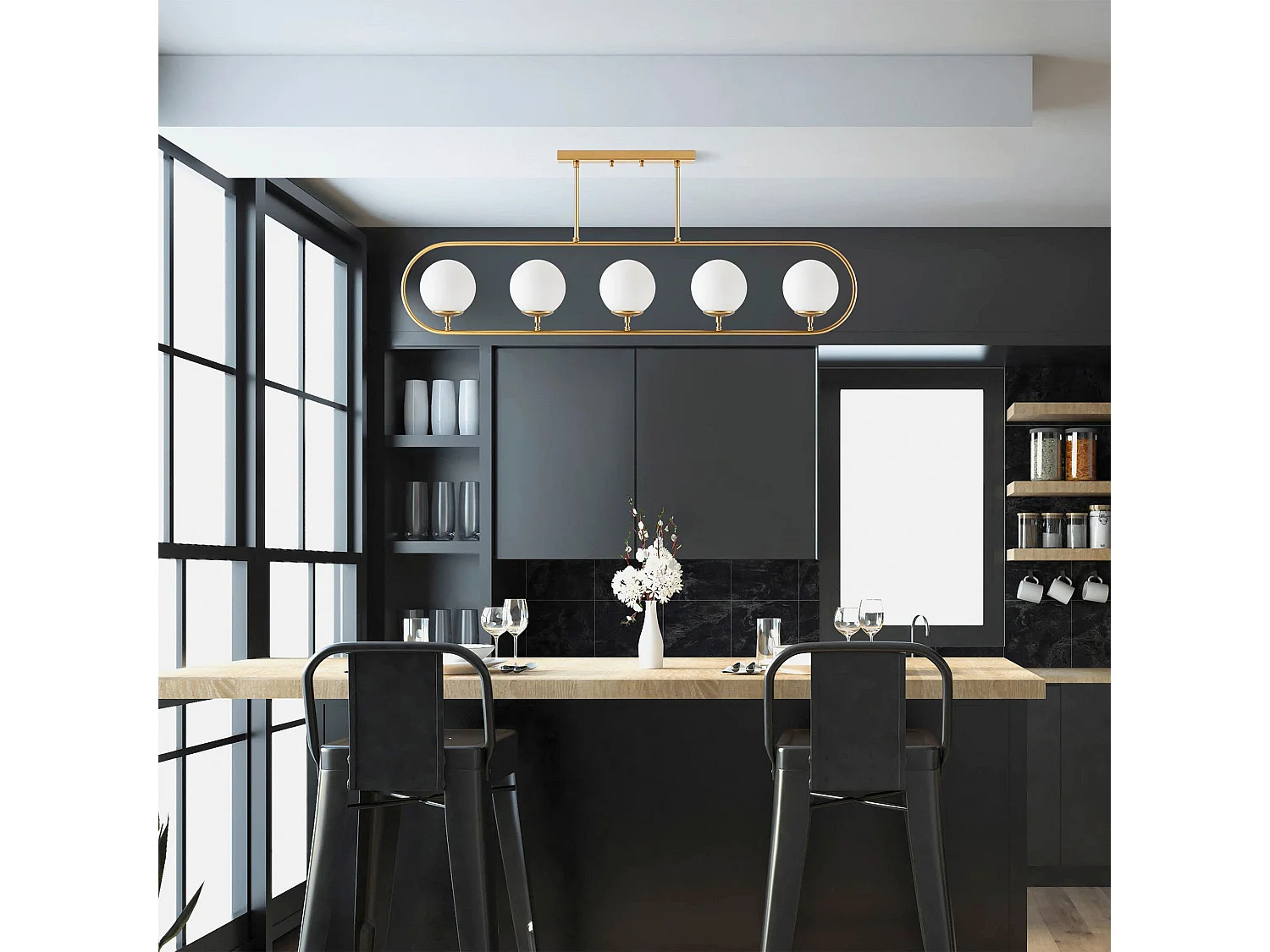 Suspension 5 lampes Vocrana 122cm Verre Blanc et Métal Or