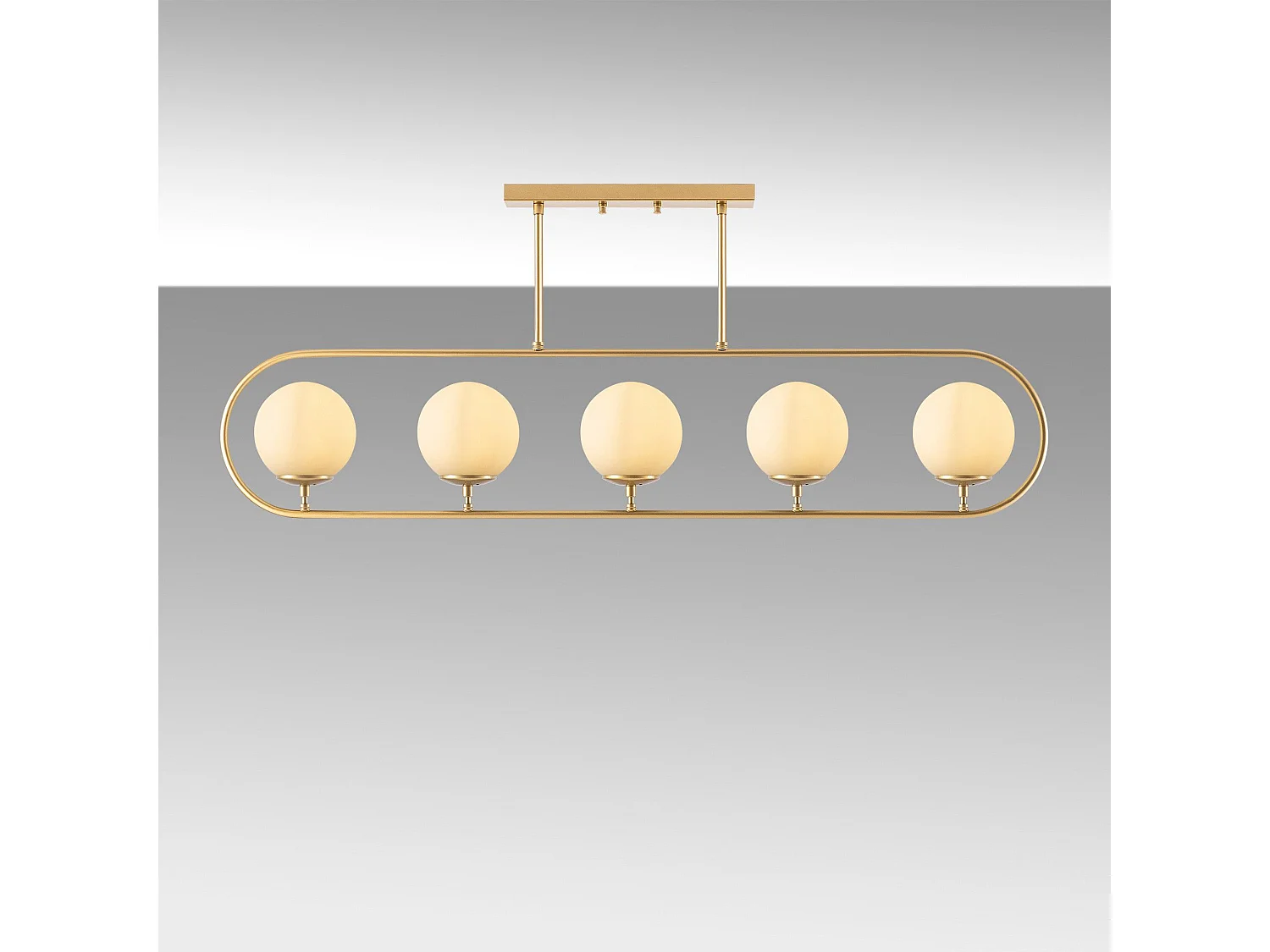 Suspension 5 lampes Vocrana 122cm Verre Blanc et Métal Or