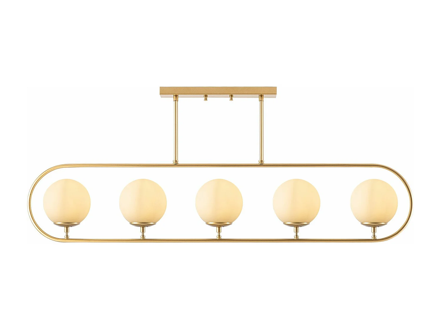 Suspension 5 lampes Vocrana 122cm Verre Blanc et Métal Or