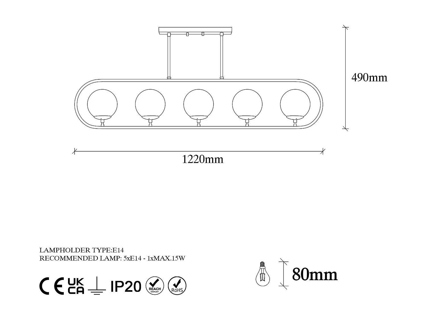 Suspension 5 lampes Vocrana 122cm Verre Blanc et Métal Or