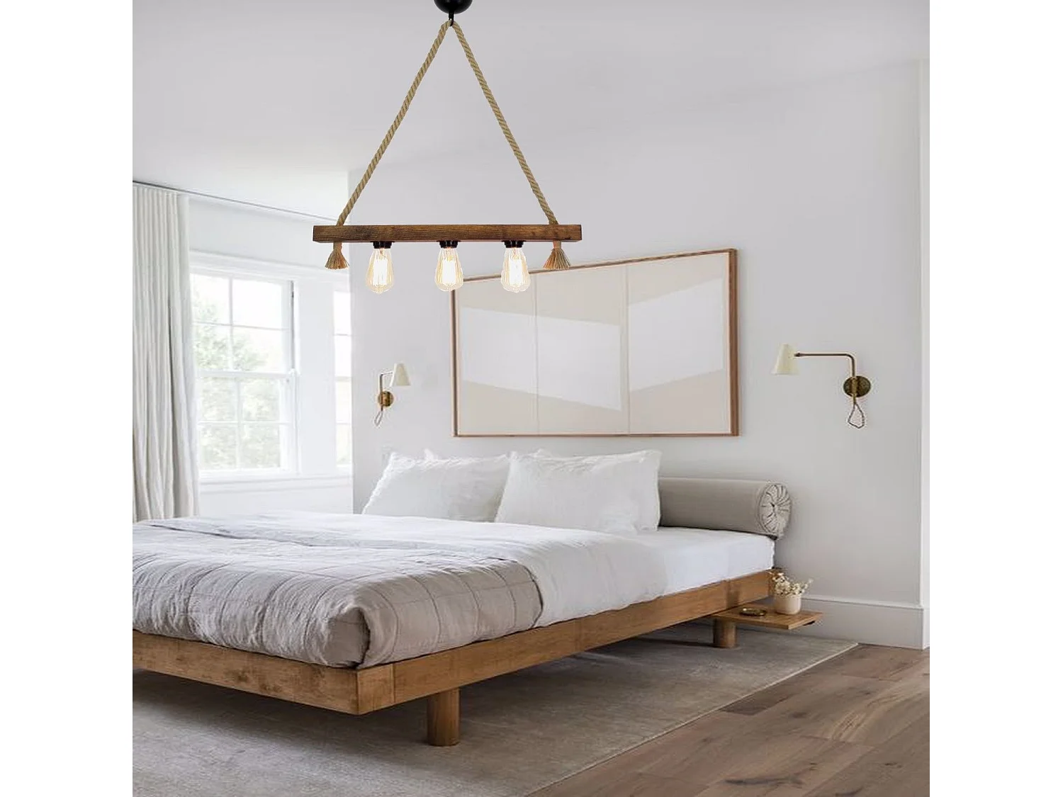 Suspension style rustique 3 lampes alignées Tarane L60cm Pin massif foncé