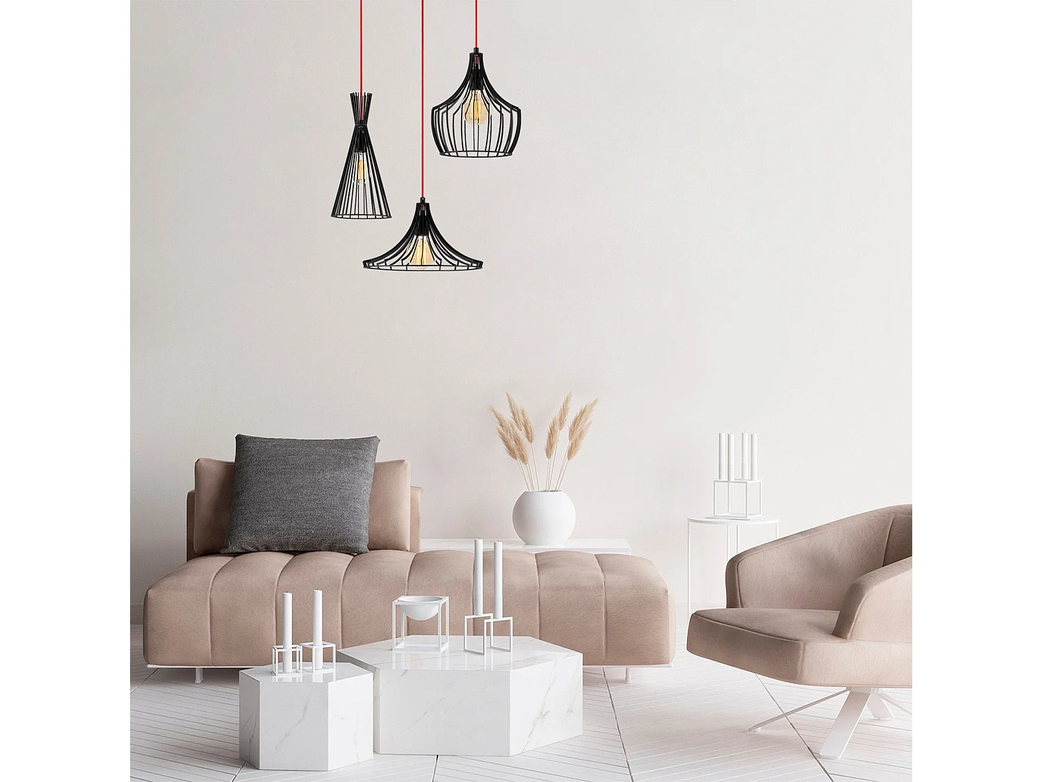 Suspension filaire 3 lampes saccade Snaya D55cm Métal Noir et Rouge