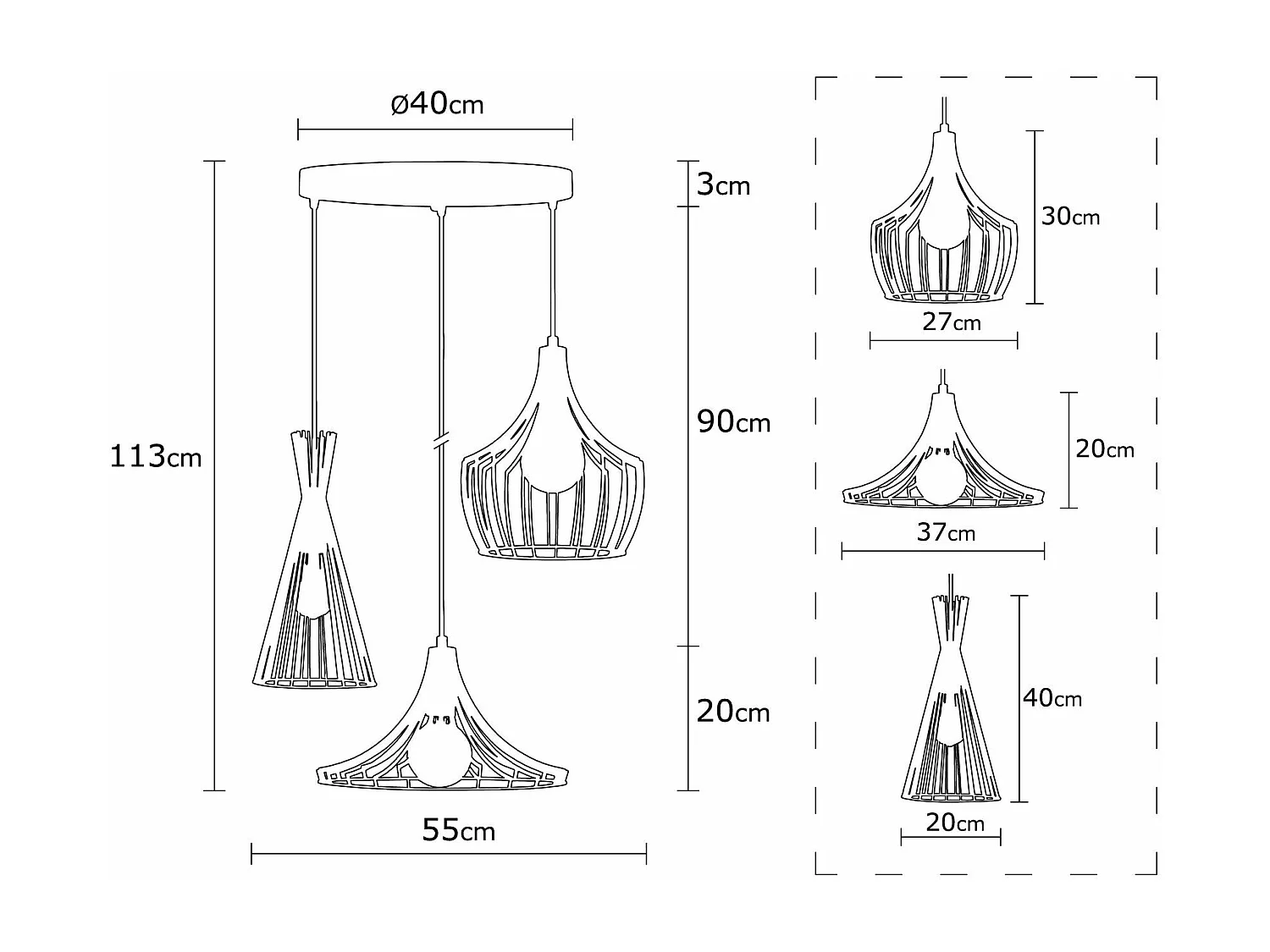 Suspension filaire 3 lampes saccade Snaya D55cm Métal Noir et Rouge
