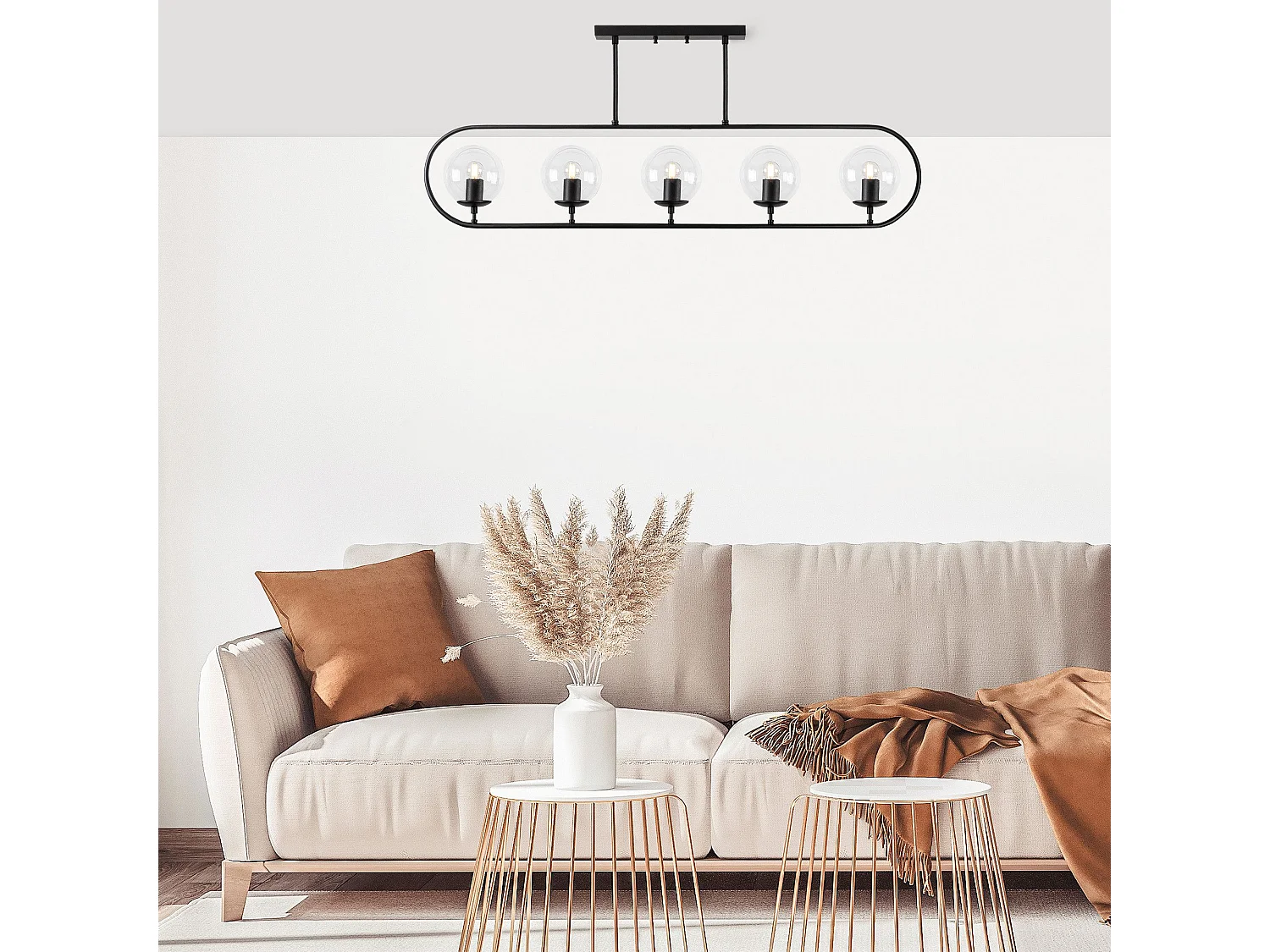 Suspension 5 lampes Vocrana 122cm Verre Transparent et Métal Noir