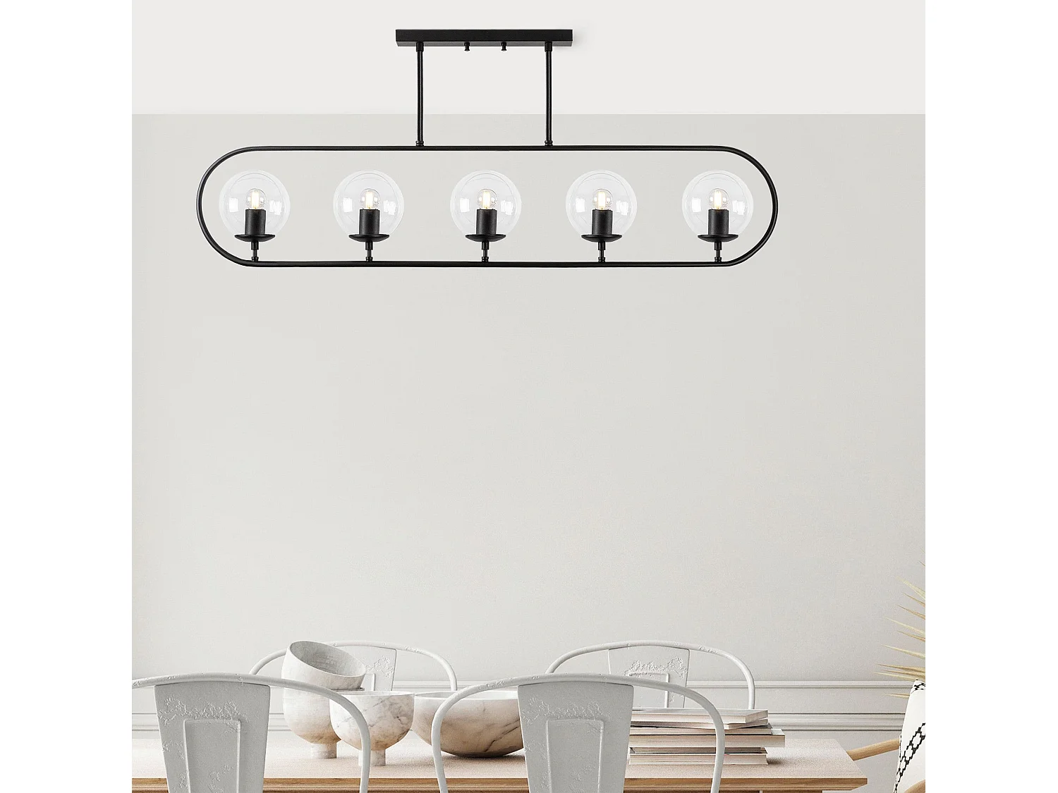 Suspension 5 lampes Vocrana 122cm Verre Transparent et Métal Noir