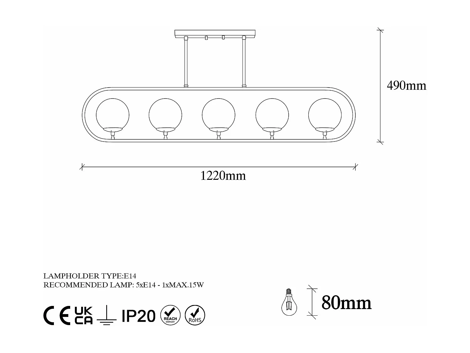 Suspension 5 lampes Vocrana 122cm Verre Transparent et Métal Noir