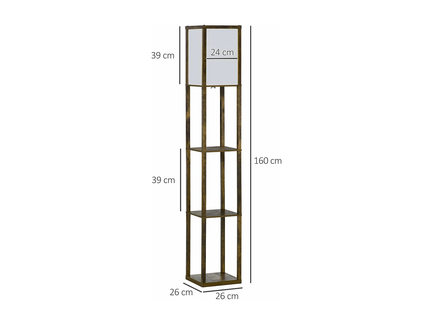 Candeeiro de Pé Moderno HOMCOM com 3 Prateleiras de Armazenamento - Marrom Rústico e Lâmpada E27