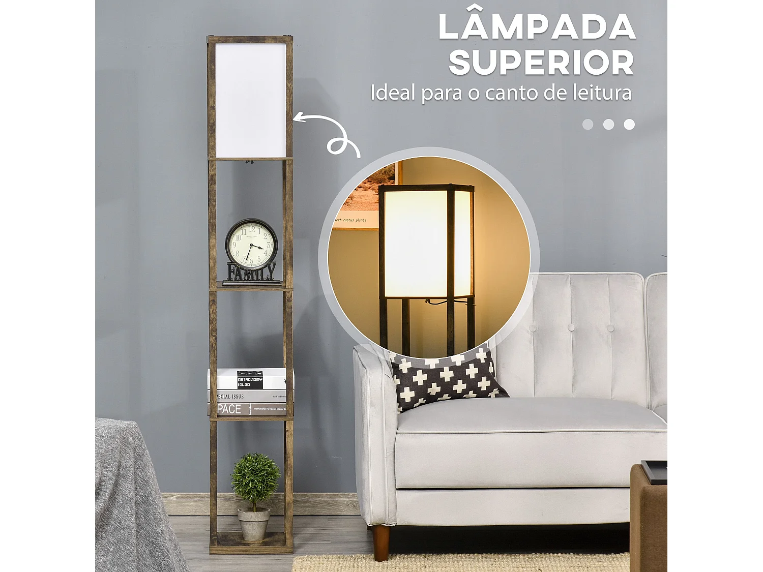 Candeeiro de Pé Moderno HOMCOM com 3 Prateleiras de Armazenamento - Marrom Rústico e Lâmpada E27