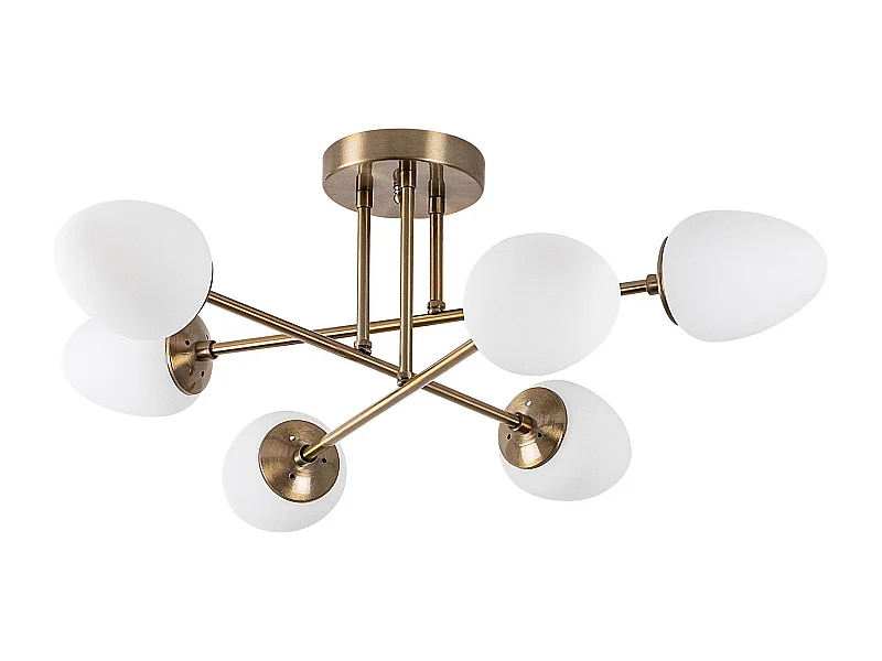 Plafonnier à bras 6 globes œuf Ovum D81cm Métal Or antique et Verre Blanc