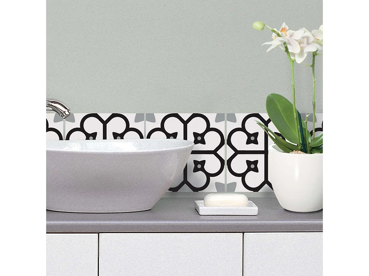 Stickers carrelage 15 x 15 cm - Motif floral noir et blanc