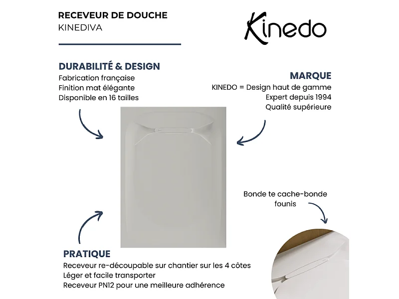 Receveur de douche KINEDO Kinediva extra-plat 180x90 Blanc