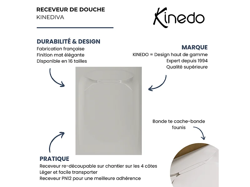 Receveur de douche KINEDO Kinediva extra-plat 180x80 Blanc