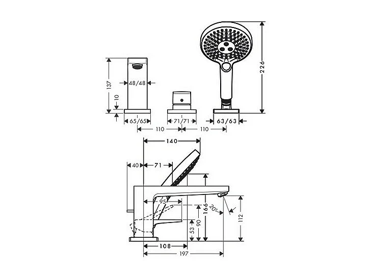 Robinet mitigeur bain douche 3 trous poignée manette HANSGROHE Metropol chromé