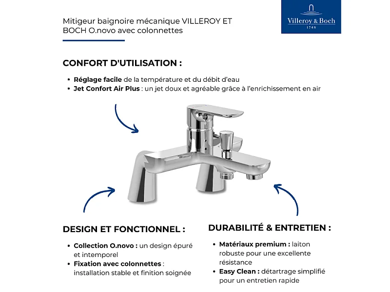 Mitigeur baignoire mécanique VILLEROY ET BOCH O novo avec colonnettes