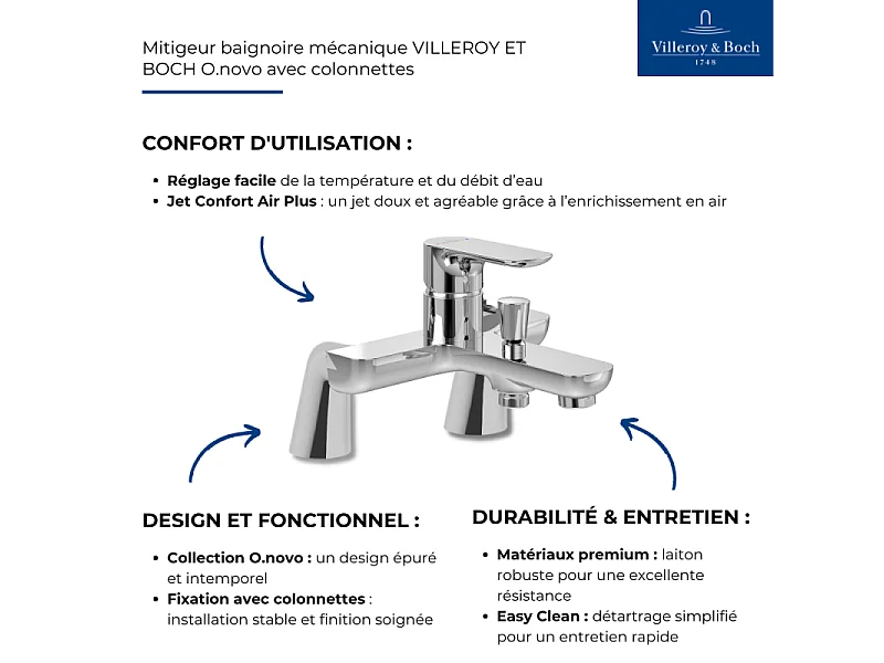 Mitigeur baignoire mécanique VILLEROY ET BOCH O novo avec colonnettes