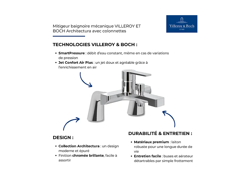 Mitigeur baignoire mécanique VILLEROY ET BOCH Architectura avec colonnettes