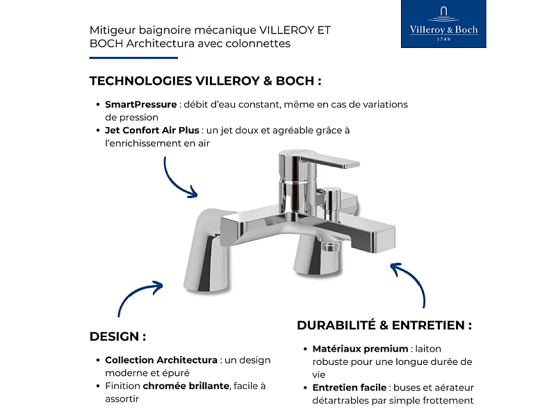 Mitigeur baignoire mécanique VILLEROY ET BOCH Architectura avec colonnettes
