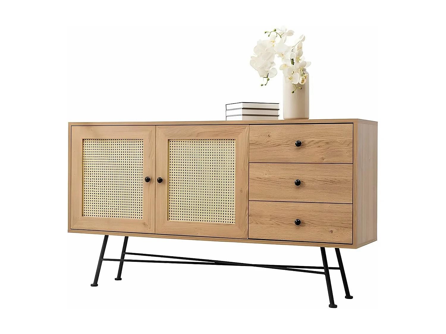 Cómoda Kailua U105, Negro|De color marrón claro, Con cajones y puertas, 90x160x40cm