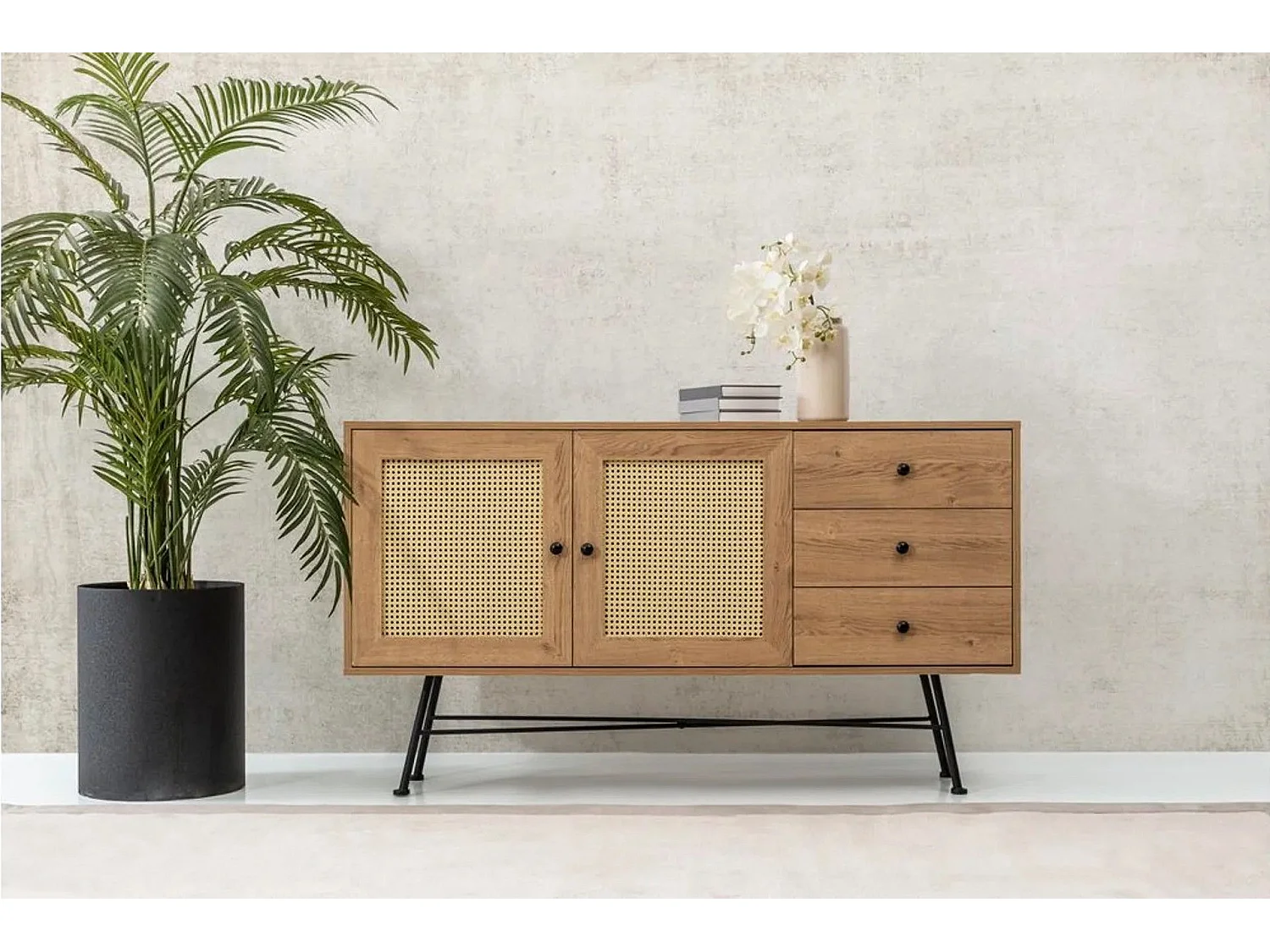 Cómoda Kailua U105, Negro|De color marrón claro, Con cajones y puertas, 90x160x40cm