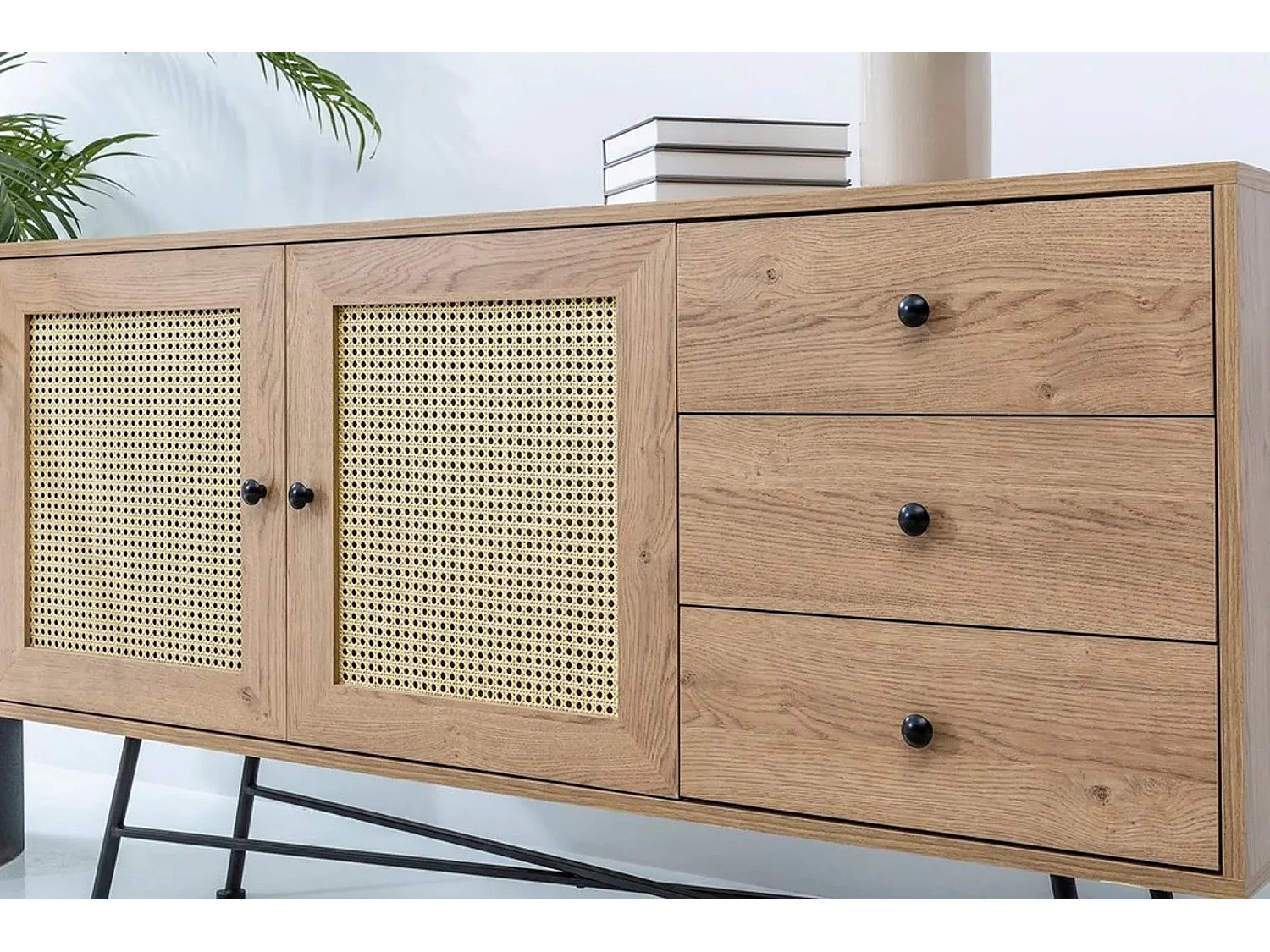 Cómoda Kailua U105, Negro|De color marrón claro, Con cajones y puertas, 90x160x40cm