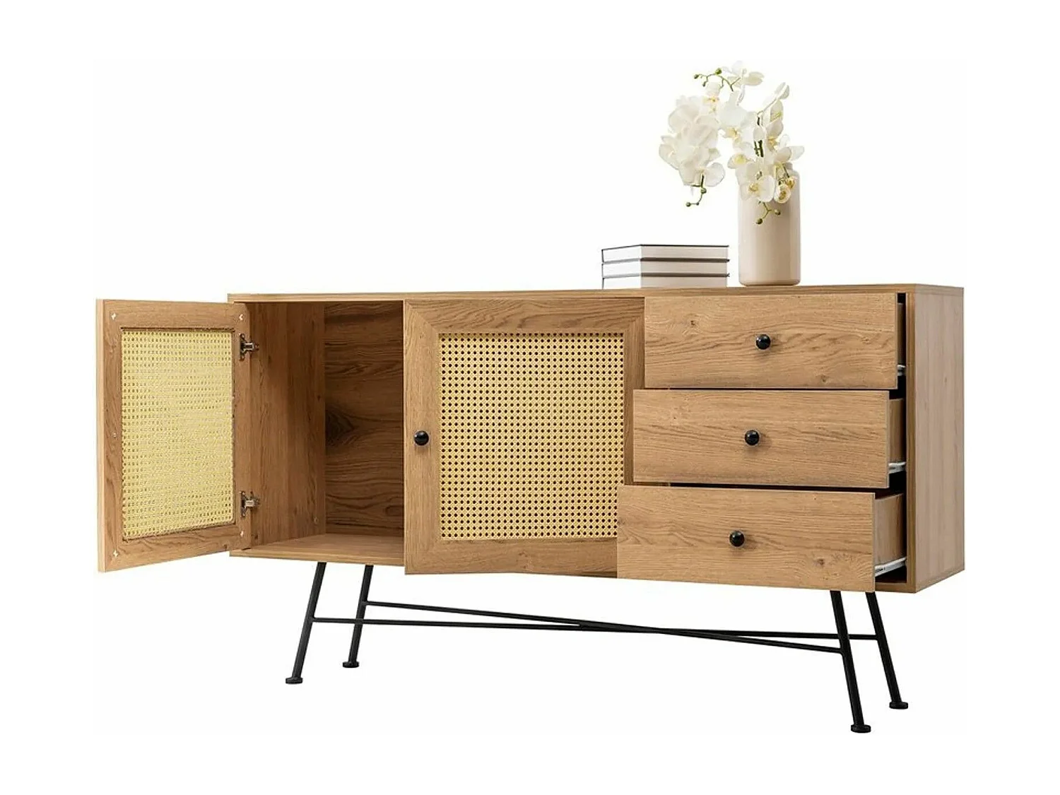 Cómoda Kailua U105, Negro|De color marrón claro, Con cajones y puertas, 90x160x40cm