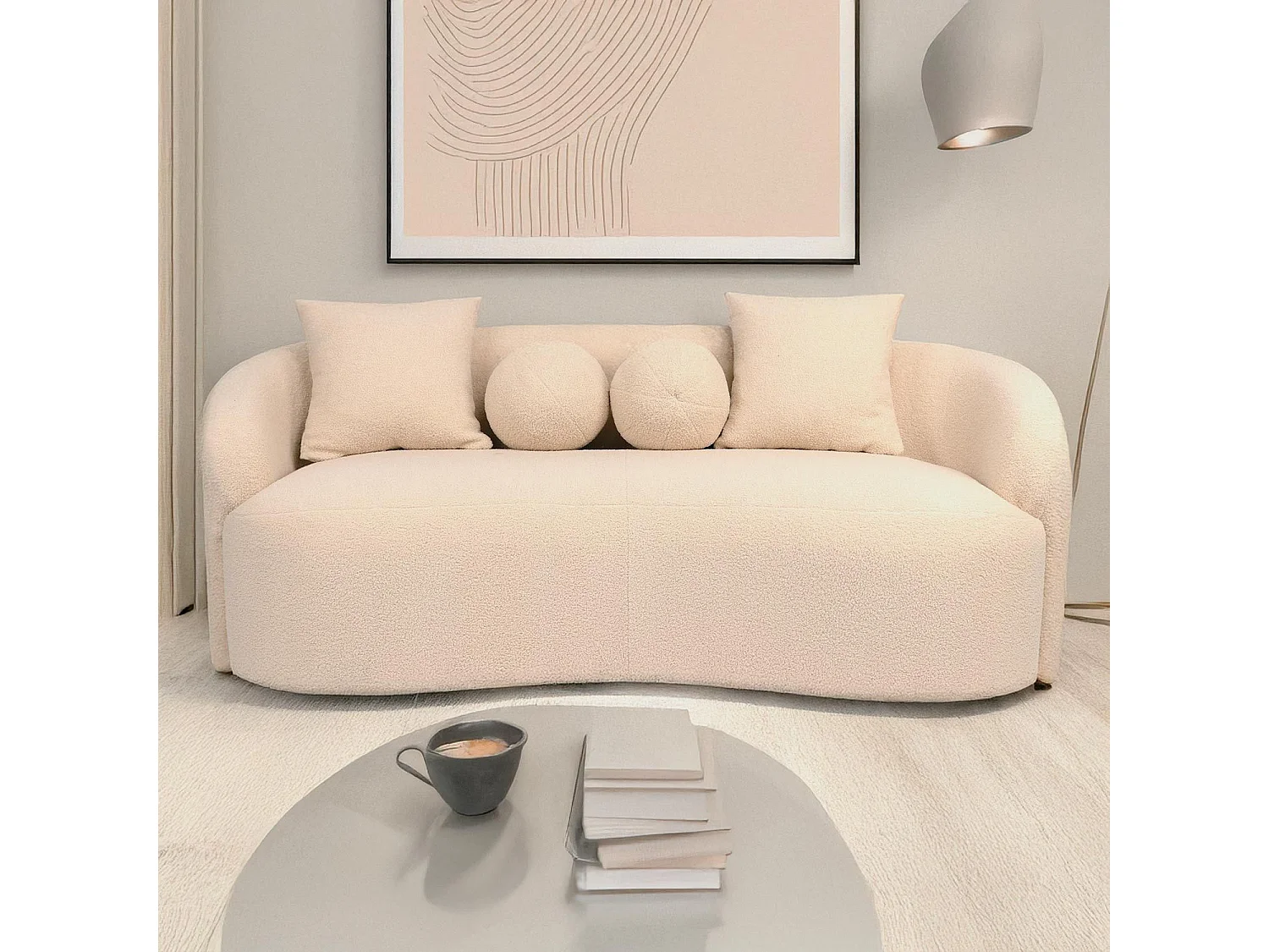 Canapé 3 places au design élégant et incurvé Alex Tissu bouclette Beige